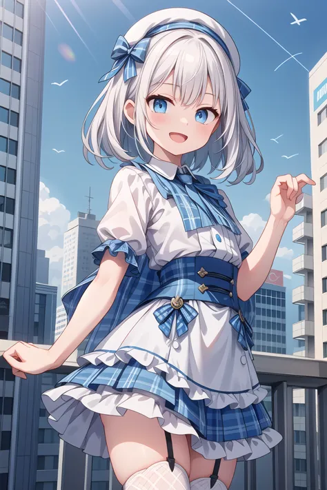 (cleavage:-1.5), insanely detailed, absurdres, ultra-highres, ultra-detailed, best quality,
1girl, solo, nice hands, perfect hands,
BREAK
(gothic drress, Idol costume:1.3), (blue and white theme:1.2), (white blouse:1.4), (white collar, tie:1.3), (open short-cape:1.3), (short sleeve:1.2), (blue tartan-check pattern (ruffle-skirt, multilayer-skirt):1.4), (white basque-beret with ribbon:1.3), (Fishnet stockings:1.3), (glove:1.2), (cleavage:-1.5)
BREAK
happy smile, laugh, open mouth,
standing,own hands together,
cowboy shot,
BREAK
slender, kawaii, perfect symmetrical face, ultra cute girl, ultra cute face, ultra detailed eyes, ultra detailed hair, ultra cute, ultra beautiful,
BREAK
cityscape in tokyo, ultra detailed background, blue sky, bay side, panorama view,
medium breasts, white hair, blue eyes