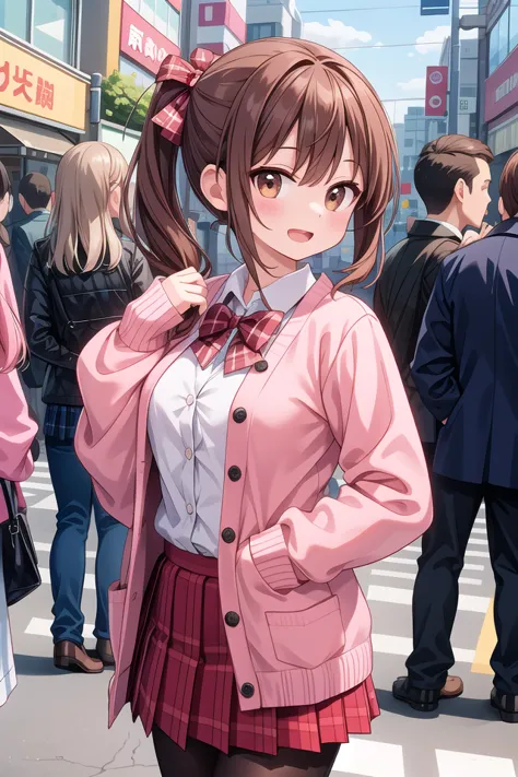 insanely detailed, absurdres, ultra-highres, ultra-detailed, best quality,
1girl, solo, nice hands, perfect hands
BREAK
(School Uniforms:1.2), (pink cardigan is fit body:1.4), ((do up a buttons, not loose):1.5), ((long sleeve, sleeves past wrists):1.2), (inner wear is white collared-shirt:1.3), (red plaid-pattern bow:1.3), (red plaid-pattern pleated skirt:1.3), ((dark-brown pantyhose, loafers):1.2)
BREAK
happy smile, laugh, open mouth, standing,
from side,
cute pose, cowboy shot
BREAK
slender, kawaii, perfect symmetrical face, ultra cute girl, ultra cute face, ultra detailed eyes, ultra detailed hair, ultra cute, ultra beautiful
BREAK
in harajuku, shibuya, tokyo, street, crowd, cityscape
BREAK
medium large breasts,
(brown hair, brown eyes), hime cut