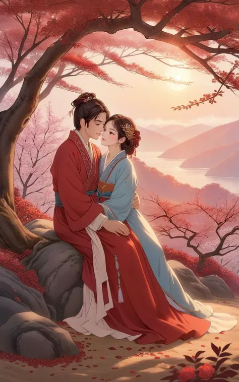 Under a Ormosia hosiei, the autumn leaves piled up like a mountain, and the morning sun shone gently. The two lovers hugged each other tightly, with deep love and missing in their eyes. The soft colors create a strong autumn atmosphere. The beautiful red bean flowers bloom on the branches, and the tree shadows are reflected on the ground, evoking the resonance and emotion of the heart.