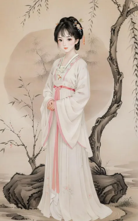 negative space,portrait of a woman standing,willow branches,(masterpiece, best quality:1.2),traditional chinese ink painting,mod...
