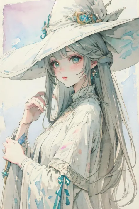 (moist paper,bright watercolor style,comfort,pastel painting illustration,concise,watercolor rendering,natural rendering,pigments mix naturally:1.3),
(white theme,bright theme,:1.3),
  <lora:edgWhiteMage_MINI:0.8> edgWHM, white mage robe, white mage hat ,<lora:Elegant hanfu ruqun style:0.8> ru_qun