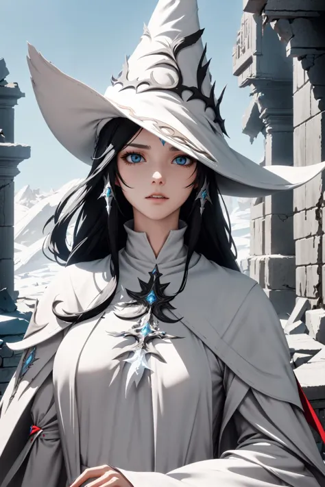 1 woman, black hair, long hair, disgusted face, <lora:edgWhiteMage_MINI:1> edgWHM, white mage robe, white mage hat, (ruins backg...