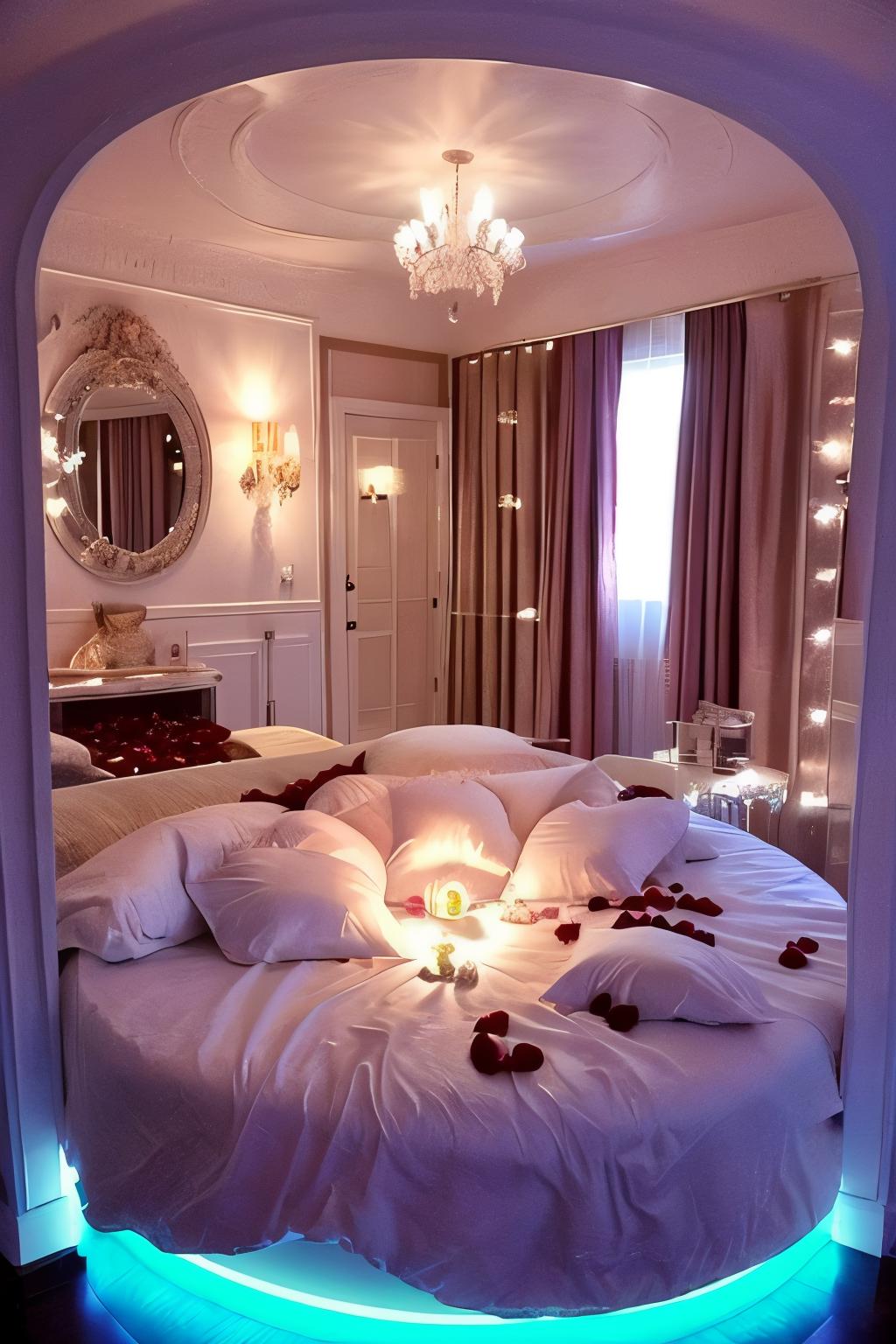 A close up of a bed with a lighted bed in a room - SeaArt AI