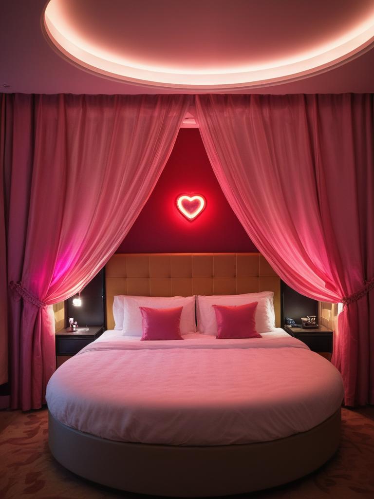 Arafed bed with a heart shaped light above it - SeaArt AI