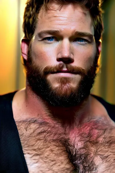 foto de chris pratt,  hombre,  barba,  cara seria,  vaquero ,desnudo,peludo,pene enorme,huge peludo balls, peludo armpits,barba,   muscular:1.4, 
 obra maestra,  alta resolución,  enfoque nítido,  iluminación cinematográfica,  cara detallada,  ojo detallado, piel oscura, 