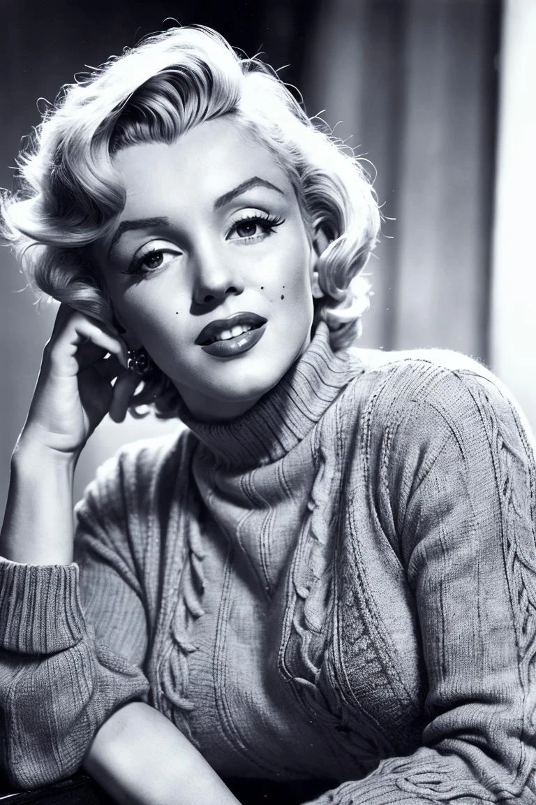 Mittlere Aufnahme, realistisches Foto von Marilyn_Monroe, eine Frau, einen Pullover tragen, Jeans tragen, (Meisterwerk:1.1), (beste Qualität:1.1), Schön, (komplizierte Details), Einheit 8k Hintergrundbild, Extrem detailliert, ästhetisch, Perfekte Beleuchtung,   