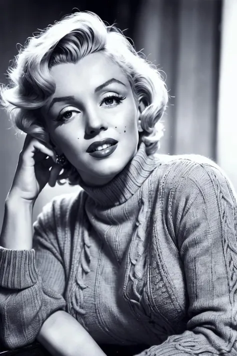 medium shot, realistic photo of marilyn_monroe, a woman, wearing a sweater, wearing jeans, (masterpiece:1.1), (best quality:1.1)...