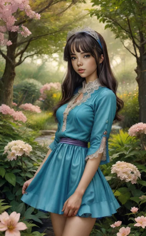 a close up of a woman in a blue dress standing in a garden