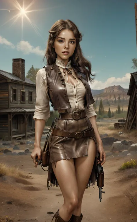 anime artwork style: shiro masamune, masamune shirow style, 20thshirow, 21thshirow, ((In a classic Wild West tableau, a perky cowgirl radiates confidence and allure as she stands poised with a Colt revolver strapped to her weathered leather belt, captured in an evocative film-still from the year 12. Against the rugged backdrop of the untamed frontier, she embodies the feminine spirit of independence and unyielding resilience with her rugged attire. Her (fringed vest and leather dress, adorned with metal spikes), add a touch of edgy sophistication to her ensemble, reflecting her bold and adventurous nature. With a mischievous glint in her eye, she lightly caresses the grip of the revolver at her hip, ready to confront any challenge that may come her way. Despite the harsh realities of life on the frontier, she remains undaunted, her unwavering resolve and feminine energy shining through in every aspect of her being as she navigates the unforgiving wilderness of the Old West.)) . anime style, key visual, vibrant, studio anime, highly detailed