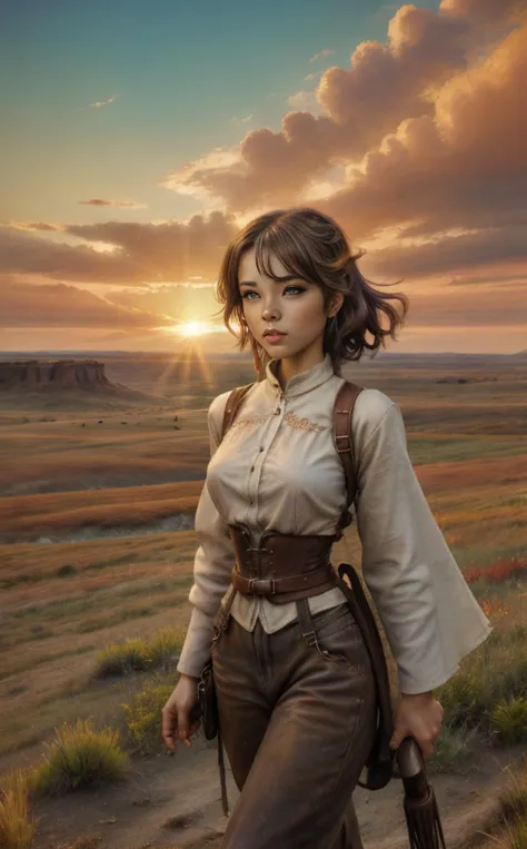 a woman in a western outfit holding a gun in a field