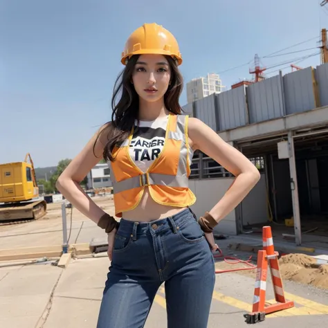 a close up of a woman in a construction uniform posing for a picture