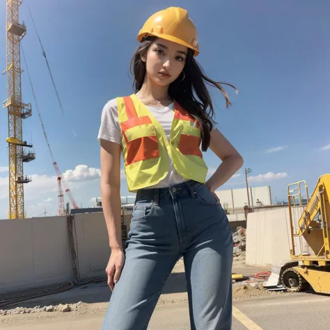 <lora:emilywillis:0.85> emilywillis, dressed as a construction worker, at a construction site, hard hat, hands on hips, reflecti...