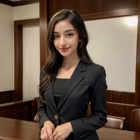 a close up of a woman in a suit standing in a courtroom