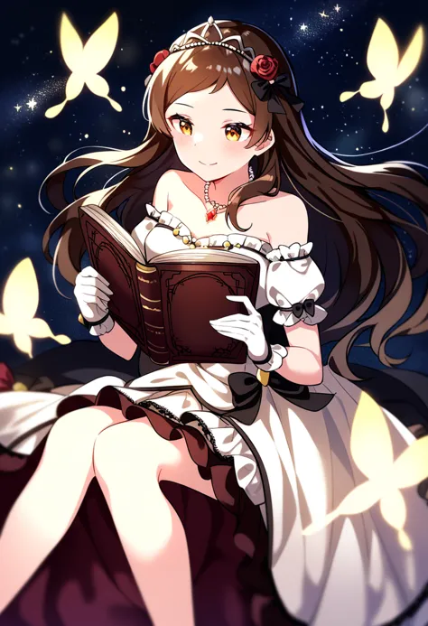 masterpiece, best quality, very aesthetic, absurdres,
kitazawa shiho, princess story, 1girl, solo, book, bug, brown hair, tiara, smile, jewelry, white gloves, white dress, sitting, brown eyes, bare shoulders, red flower, open book, holding book, red rose, hair flower, blush, glowing, yellow eyes, collarbone, star \(sky\), detached sleeves, cleavage, medium breasts, closed mouth, black bow, strapless dress, off-shoulder dress, starry sky, floating, off shoulder, depth of field, reading, glowing butterfly, feet out of frame, blurry foreground, space, looking at viewer, frills, pearl necklace, knees together feet apart, black ribbon, swept bangs, yellow butterfly, hair ribbon, ankle ribbon, grimoire, starry background, lace trim, lace-trimmed dress, white butterfly, night sky, crown, very long hair, magic, gem, puffy short sleeves, night, plant, light particles, orange eyes, frilled gloves, dutch angle, frilled dress, lace-trimmed gloves, light smile, floating object, red bow, from above, bracelet, red ribbon, small breasts, hair bow, invisible chair, parted bangs, looking away, floating hair, vines, leg ribbon, white sleeves, layered dress, dress bow, sleeveless dress, musical note, wrist cuffs, short dress, looking at object, light blush
<lora:kitazawa_shiho_sdxl_ani31_p_locon_v1:0.8>