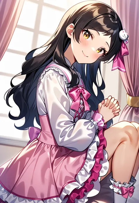 masterpiece, best quality, very aesthetic, absurdres,
1girl, kitazawa shiho, klein schwester, millitheater, black hair, brown eyes, yellow eyes, swept bangs, parted bangs, eyebrows visible through hair, long hair, wavy hair, hair down, pink dress, layered dress, frilled dress, cross-laced clothes, puffy long sleeves, frilled sleeves, layered sleeves, white shirt, frilled shirt collar, pink skirt, dress bow, pink neckwear, pink bowtie, hair bow, pink bow, hair ribbon, pink ribbon, cat hair ornament, frilled socks, bobby socks, frilled legwear, white socks, sitting, curtains, stuffed animal, indoors, window, looking to the side, head tilt, own hands clasped, knees up, holding hands, looking back, from side, smile, bedroom 
<lora:kitazawa_shiho_sdxl_ani31_p_locon_v1:0.7>