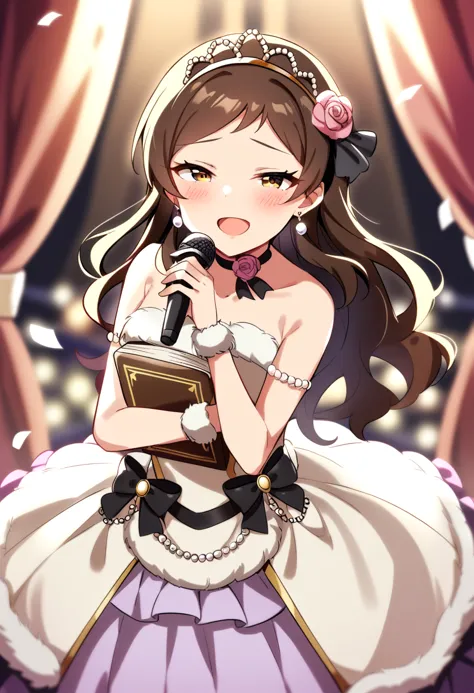 masterpiece, best quality, very aesthetic, absurdres,
kitazawa shiho, picbk, 1girl, long hair, solo, microphone, brown hair, open mouth, smile, jewelry, earrings, book, yellow eyes, looking at viewer, hair flower, bare shoulders, :d, collarbone, tiara, brown eyes, confetti, white dress, blush, hairband, holding microphone, strapless dress, pink flower, holding book, music, fur trim, pink rose, singing, hair ribbon, black ribbon, black bow, curtains, half-closed eyes, depth of field, object hug, standing, wrist cuffs, armlet, sleeveless dress, ribbon choker, black neckwear, stage, armband, wristband, swept bangs, cowboy shot, bracelet, pearl \(gemstone\), black choker, frills, layered dress, medium breasts, purple dress, wavy hair, gloves, blurry background, necklace, one side up, corsage, neck ribbon
<lora:kitazawa_shiho_sdxl_ani31_p_locon_v1:0.8>