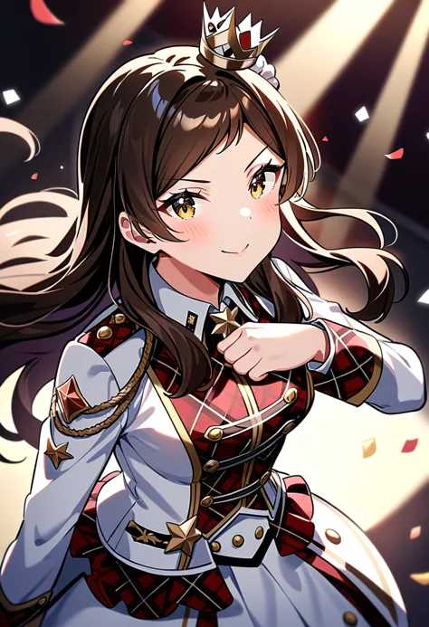 masterpiece, best quality, very aesthetic, absurdres,
kitazawa shiho, le-prologue-x, 1girl, brown hair, solo, smile, brown eyes, looking at viewer, long sleeves, mini crown, blush, closed mouth, hand on own chest, confetti, yellow eyes, shiny hair, character name, plaid dress, white jacket, hair ornament, red shirt, upper body, eyebrows visible through hair, shiny, looking up, floating hair, belt, frills, v-shaped eyebrows, from above, red skirt, clenched hand, collared shirt, medium breasts, tilted headwear, red dress, hand up, plaid shirt, o-ring, standing, buttons, epaulettes, swept bangs, frilled shirt collar, open jacket, very long hair, pleated skirt, plaid skirt, wing collar, red vest, petals, depth of field, parted bangs, star \(symbol\), double-breasted, badge, white shirt, white coat, hair scrunchie, white skirt, scrunchie, one side up, plaid jacket, checkered, collared dress, looking to the side, cowboy shot, dot nose, light blush, red jacket, aiguillette, multicolored jacket, multicolored clothes, checkered clothes, sidelocks, collared jacket, waist accessory, stage, stage lights
<lora:kitazawa_shiho_sdxl_ani31_p_locon_v1:0.8>