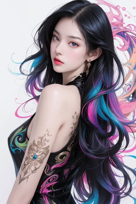 a woman with long black hair and colorful hair