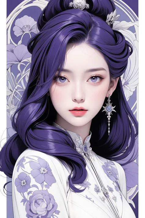 Art Nouveau Style, heavy ink lines, portrait, masterpiece, white dress, Caucasian, formal dress, young lady, purple hair with blue streak, ((holding beehive)), heavy ink lines