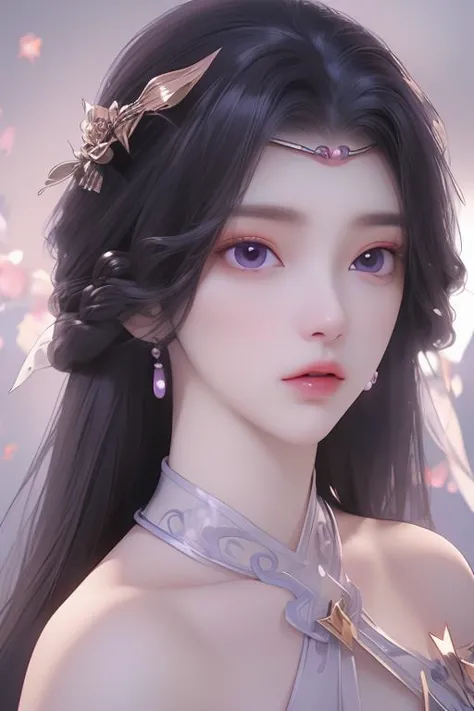 <lora:SNyunxi:1>yunxi,1girl,solo,purple eyes,jewelry,earrings,black hair,white background,looking at viewer,Solid gold hair acce...
