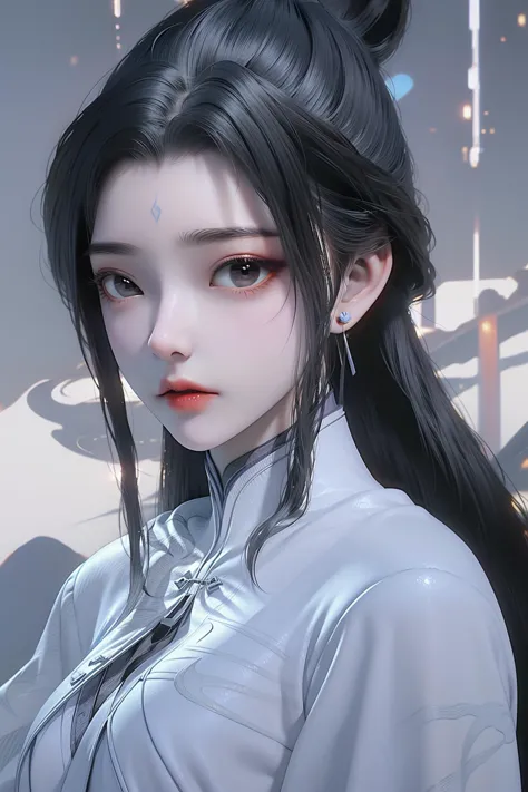 <lora:luxueqi:1>,luxueqi,1girl,solo,long hair,black hair,hair ornament,chinese clothes,upper body,jewelry,hair bun,earrings,simple background,forehead mark,dress,hair stick,closed mouth,facial mark,single hair bun,long sleeves,best quality,masterpiece,beautiful detailed glow, (detailed ice), beautiful detailed water,, best quality , masterpiece, illustration, an extremely delicate and beautiful, extremely detailed ,CG,unity,8k wallpaper, Amazing, finely detail, masterpiece, best quality,official art,extremely detailed CG unity 8k wallpaper,absurdres, incredibly absurdres, huge filesize , ultra-detailed, highres, extremely detailed,beautiful detailed girl, extremely detailed eyes and face, beautiful detailed eyes,light on face,