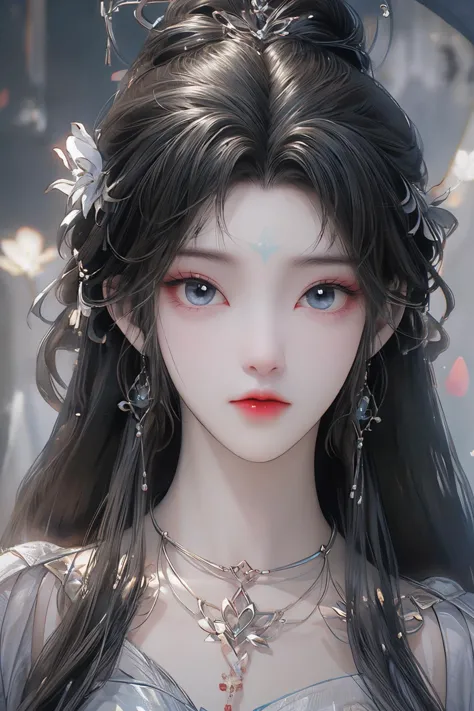 <lora:QingYi:1>,qingyi,1girl,jewelry,hair ornament,solo,blue eyes,necklace,forehead mark,earrings,long hair,facial mark,dress,up...
