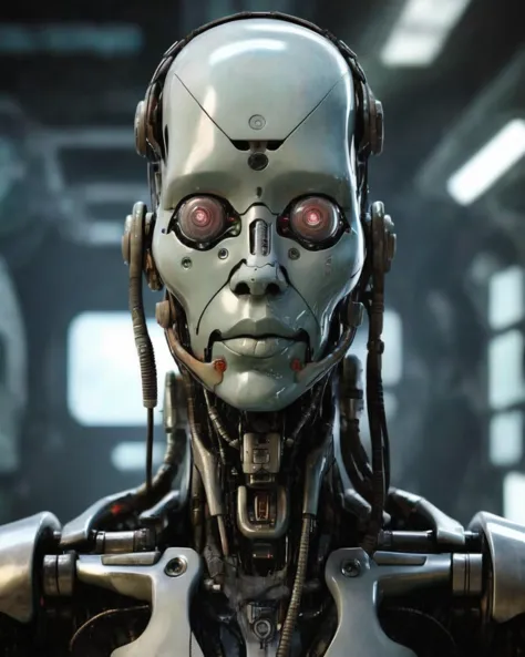 a close up of a robot with red eyes and a headphones