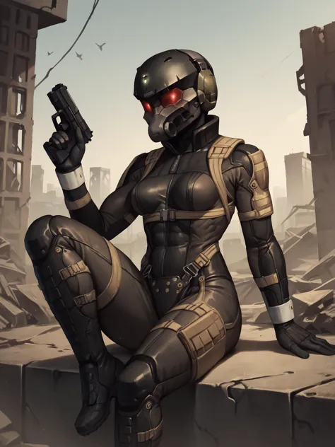 a woman in a futuristic suit holding a gun