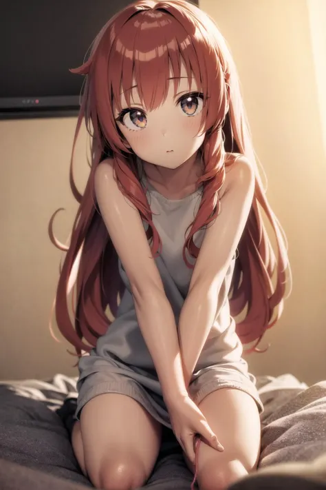 anime girl sitting on bed with long red hair and blue eyes