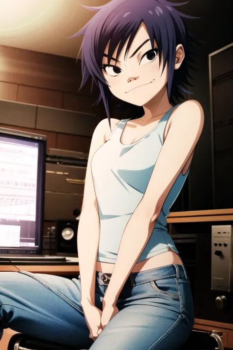 chef-d&#39;œuvre, Meilleure qualité, l&#39;anime dans la vraie vie, fond photo 1 fille, seulement, cheveux longs, regarder le spectateur, jeans, Débardeur, léger sourire, heureux, en studio de musique, effrayant, nouillesgorillaz, cheveux noirs, Cheveux courts, Yeux noirs,