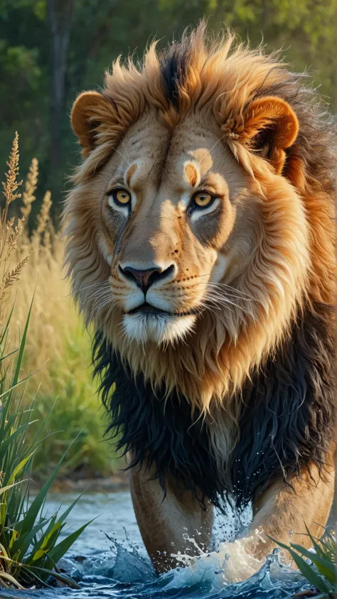 <lora:ElementWaterSDXL:1>ElementWater Realistic oil painting, majestic lion, golden savannah, golden hour, tall grass, acacia tree, vibrant sunset, warm colors, dynamic pose, powerful, alert, focused, beautiful mane, muscular body, rough texture, detailed fur, sharp claws, fierce gaze, stunning wildlife art, high-resolution, detailed, breathtaking, inspiring, captivating, wild, awe-inspiring, magnificent, masterpiece, artistic, professional, high-quality, textured, layered, expertly crafted, vivid, authentic, lifelike, detailed brushwork, realistic lighting, expertly shaded, expertly highlighted, carefully composed, expertly rendered, exquisite, refined, polished, exquisite detail, visually stunning, expertly executed, water, swirling, splash