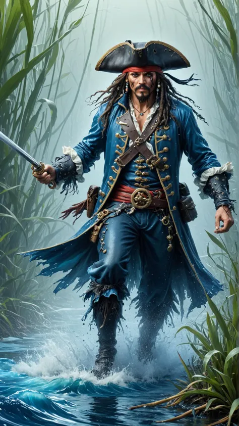 <lora:ElementWaterSDXL:1>ElementWater a ruthless pirate tracking his prey through a marshland, water, swirling, splash