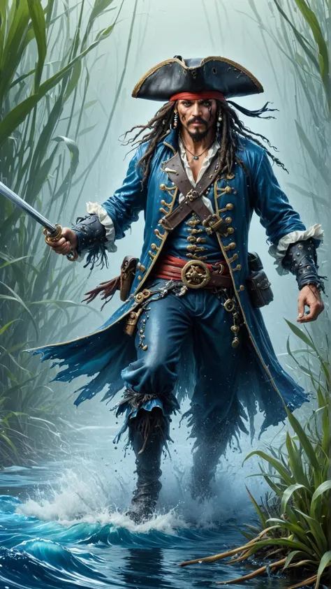 a man in a pirate costume is walking through the water