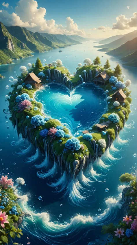 ElementWater Fantasy ilustração of a heart-shaped island floating among fluffy clouds, vegetação exuberante, Flores coloridas, clear blue água, águafalls, pequenas cabanas de palha, pessoas em roupas tradicionais, Sol quente, Céu azul brilhante, vista aérea dramática, vibrante, detalhado, Excêntrico, conto de fadas, mágico, ilustração, estação de arte, arte conceitual, pintura digital, ilustração, ângulo amplo, livro de arte, papel de parede, Respingo art, promo art, iluminação dramática, água, Rodando, Respingo