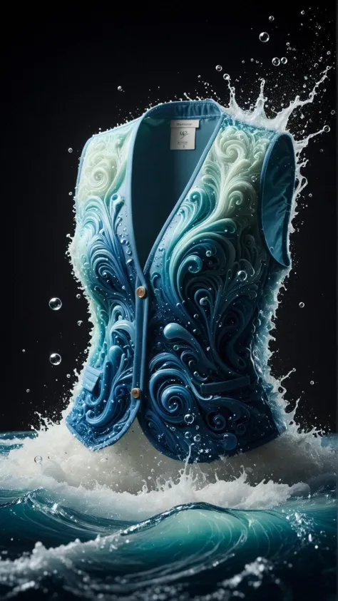 a close up of a blue and white vest on a body of water