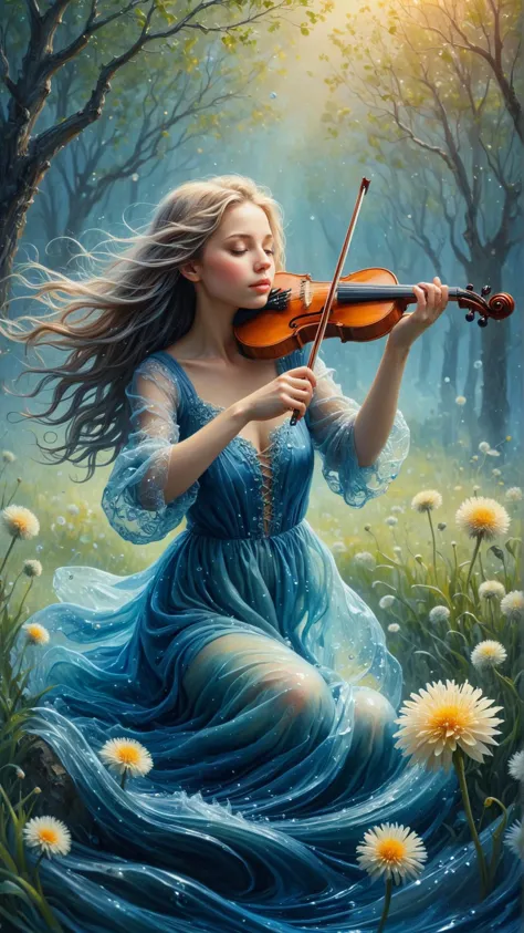 a woman in a blue dress playing a violin in a field of daisies