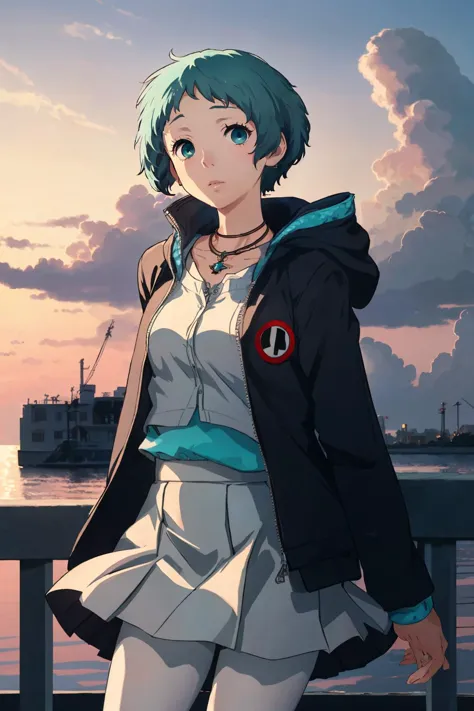 <lora:persona3_yamagishi-12:1> yamagishi fuuka, school uniform, skirt, white pantyhose, jewelry, necklace, aqua eyes, spring, jacket, windy, cloudy, early morning, dusk