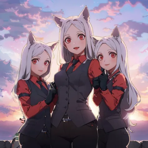 (masterpiece, best quality:1.2), cloud, sky, sunset, upper body, 3girls, htcerberus, happy, smile, looking at viewer, standing, ...