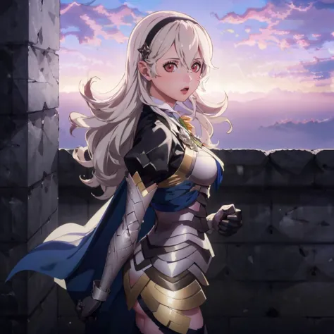 masterpiece, best quality, cloud, sky, sunset, cowboy shot, standing, looking at viewer, <lora:FE3H S Rank:1>  <lora:corrin-nvwl...