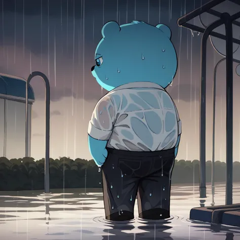 score_9,score_8_up, train full of water, <lora:celestin-v5-14:1> uwcelestinfag, blue bear, 1boy, solo, white shirt, black pants, night, rain, wet clothes, cloudy sky, outdoors, wet, wet pants,