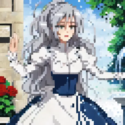 anime girl in a white dress with a blue sash and a red rose