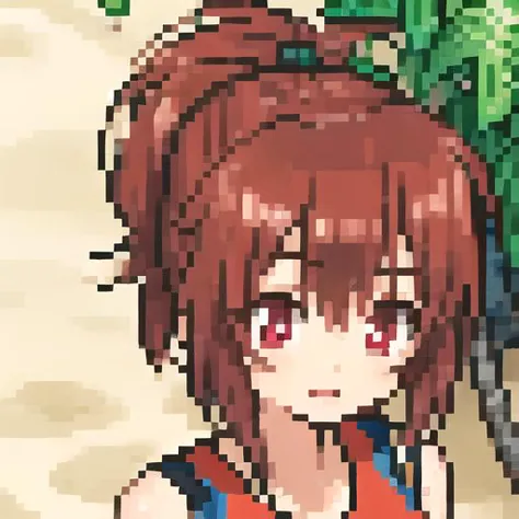 1 girl, Pixel art, Isometric,  <lora:8bitdiffuser 64x:1>,  <lora:Kizuki - Strawberry Panic - Nagisa Aoi:1> aoi nagisa, brown hair, ponytail, red eyes, happy, small breasts, bikini, beach, volleyball, volleyball net, palm trees