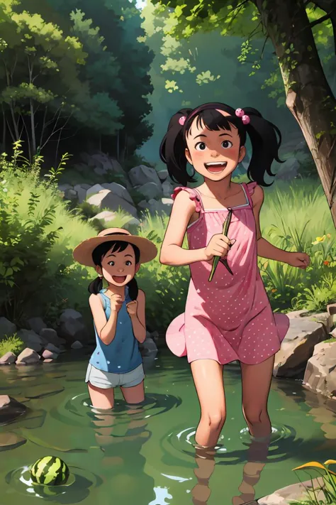 masterpiece,best quality,<lora:comiclo:0.8>,multiple girls,3girls,fruit,food,watermelon,water,sandals,hat,black hair,hair bobbles,shorts,skirt,river,short hair,dappled sunlight,hairband,smile,outdoors,straw hat,hair ornament,dress,stream,open mouth,nature,rock,wading,sunlight,long hair,twintails,polka dot,chibi,<lora:GoodHands-vanilla:1>,