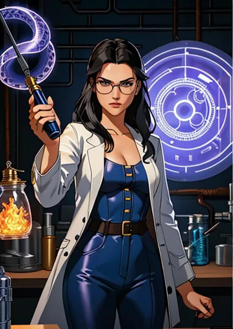 a woman in a lab coat holding a sword and a glass