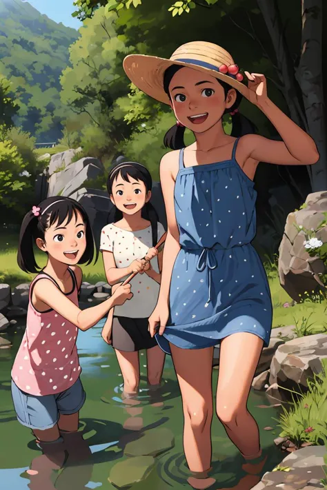 masterpiece,best quality,<lora:comiclo:0.8>,multiple girls,3girls,fruit,food,watermelon,water,sandals,hat,black hair,hair bobbles,shorts,skirt,river,short hair,dappled sunlight,hairband,smile,outdoors,straw hat,hair ornament,dress,stream,open mouth,nature,rock,wading,sunlight,long hair,twintails,polka dot,chibi,<lora:GoodHands-vanilla:1>,