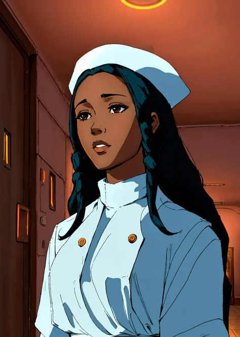 a cartoon nurse in a hospital hallway with a halo above her head