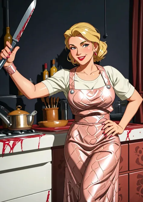 there is a woman holding a knife in a kitchen with blood on the counter