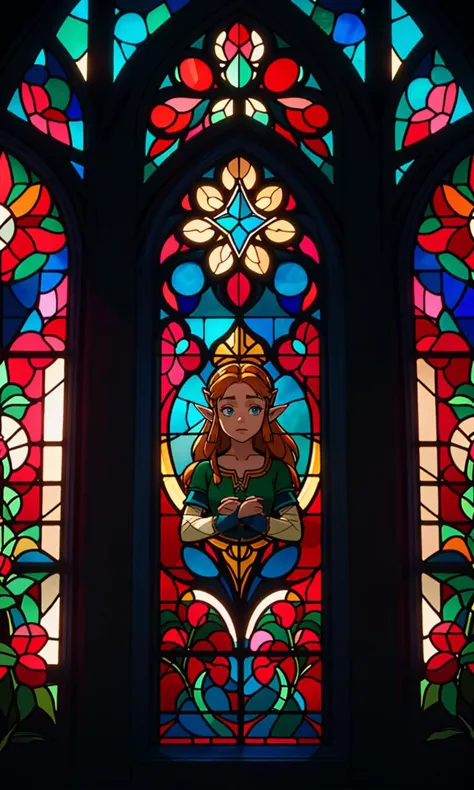 a close up of a stained glass window with a princess in it