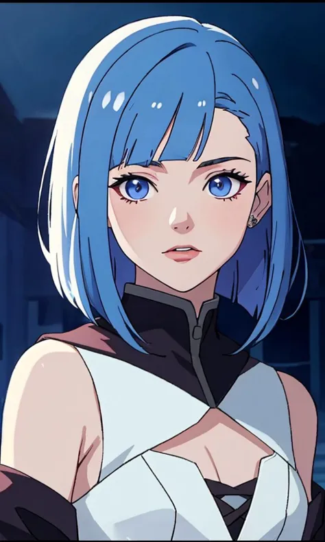 lbobh2024, 1 girl, best quality, masterpiece, cinematic lighting, long bob hairstyle, blue hair, pale skin, anime style,