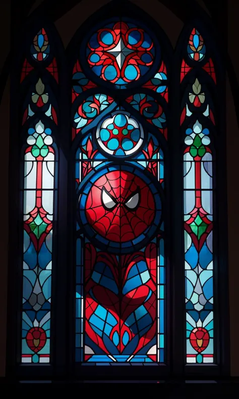 a close up of a stained glass window with a spider - man face